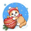 пример раскраски котик обнимает елочную игрушку