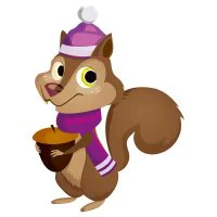 Цветной вариант раскраски белка в шапке и с орехом