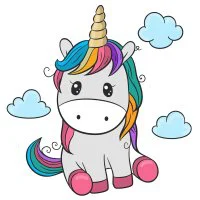 Цветной вариант раскраски милый единорог в облаках