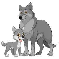 Цветной пример раскраски волк и маленький волчонок