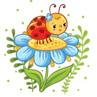 Цветной вариант раскраски божья коровка на цветочке
