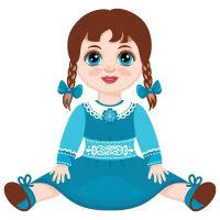 Цветной вариант раскраски кукла с двумя косичками