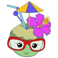 Цветной вариант раскраски кокос с трубочкой и цветком