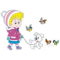 Цветной пример раскраски осенняя прогулка с собакой