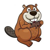 Цветной вариант раскраски бобер с веткой в руках