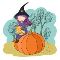 Цветной вариант раскраски девочка осень тыква