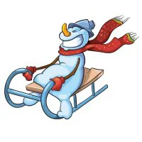 Цветной вариант раскраски смешной снеговик на санках