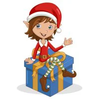 Цветной вариант раскраски новогодний эльф с подарком