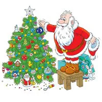 Цветной пример раскраски дед мороз наряжает елку