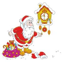 Цветной пример раскраски дед мороз около часов