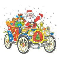 Цветной вариант раскраски дед мороз на машине с подарками