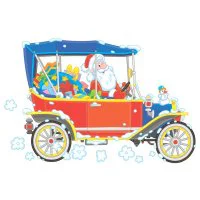 Цветной вариант раскраски дед мороз едет на машине