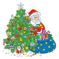 Цветной вариант раскраски дед мороз за елкой с подарками