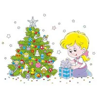 Цветной вариант раскраски девочка открывает новогодний подарок