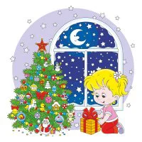 Цветной вариант раскраски девочка у новогодней елки