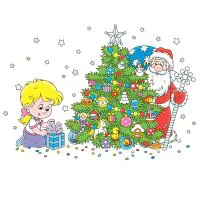 Цветной вариант раскраски дед мороз спрятался за елкой