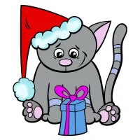 Цветной пример раскраски котик рад новогоднему подарку