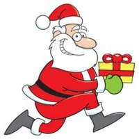 Цветной вариант раскраски дед мороз бежит с подарком