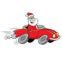 Цветной вариант раскраски дед мороз мчится на машине