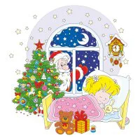 Цветной вариант раскраски дед мороз дарит девочке подарок