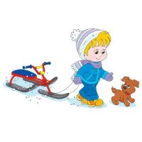 Цветной пример раскраски зимние забавы мальчик и снегокат