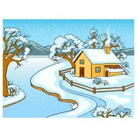 Цветной вариант раскраски зимний лес и дом