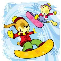 Цветной вариант раскраски зимние забавы, коты на сноубордах