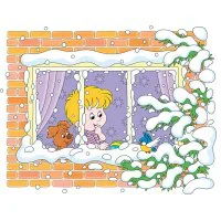 Цветной вариант раскраски мальчик и щенок за окном