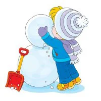 Цветной вариант раскраски мальчик лепит снеговика