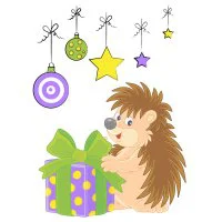 Цветной вариант раскраски новогодние игрушки и ежик с подарком