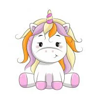 Цветной вариант раскраски маленький единорог сидит