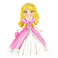 Цветной вариант раскраски принцесса в пышном платье и с сумочкой