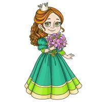 Цветной вариант раскраски маленькая принцесса с букетом