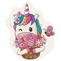 Цветной вариант раскраски милый единорожка с цветами