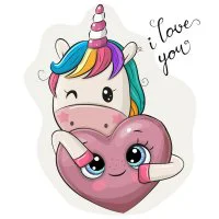 Цветной вариант раскраски единорог держит сердечко