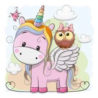 Цветной вариант раскраски милый единорожка с крыльями