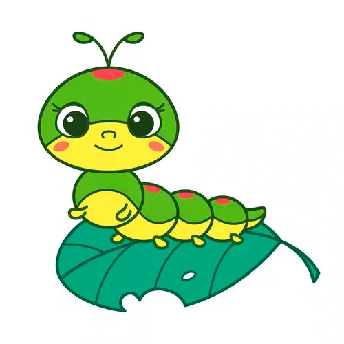 Цветной вариант раскраски гусеница на листочке