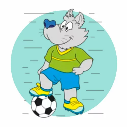 Цветной вариант раскраски волк-футболист