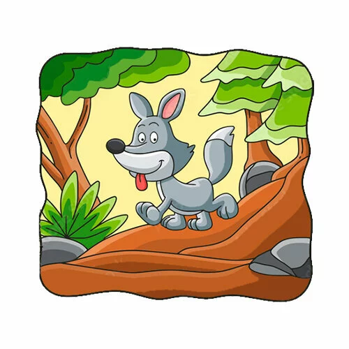 Цветной пример раскраски мультяшный волк в лесу