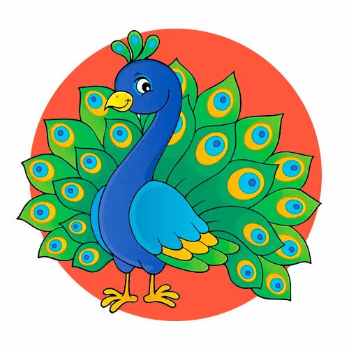 Цветной вариант раскраски павлин с распущенным хвостом