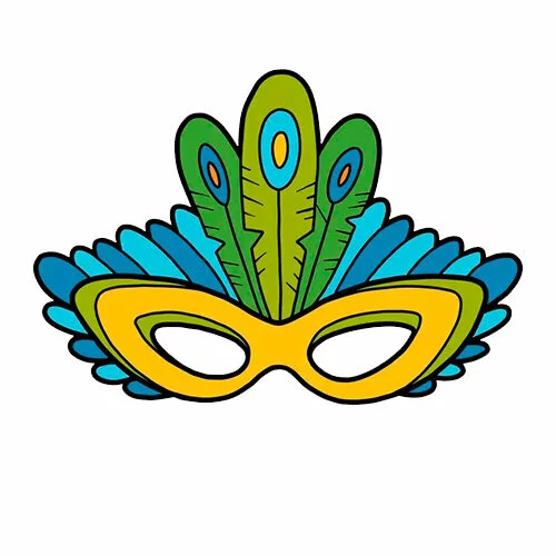 Цветной вариант раскраски маска с перьями павлина