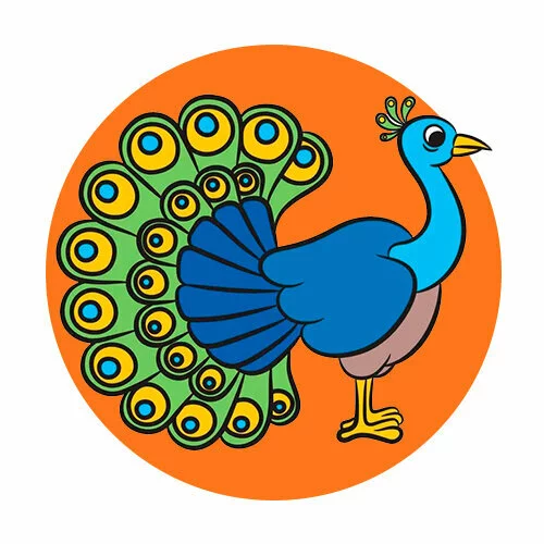 Цветной вариант раскраски павлин вид сбоку