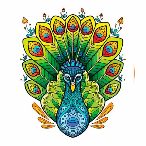 Цветной вариант раскраски павлин сидит