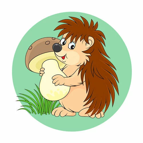 Цветной вариант раскраски довольный ежик с грибом