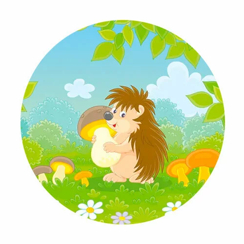 Цветной вариант раскраски ежик в лесу с грибами