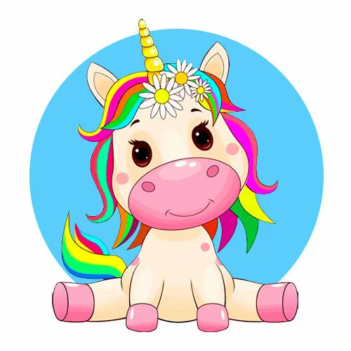 Цветной вариант раскраски единорог смешно сидит