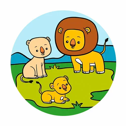 Цветной вариант раскраски семья львов и львенок