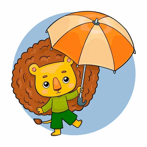 Цветной вариант раскраски львенок под зонтом