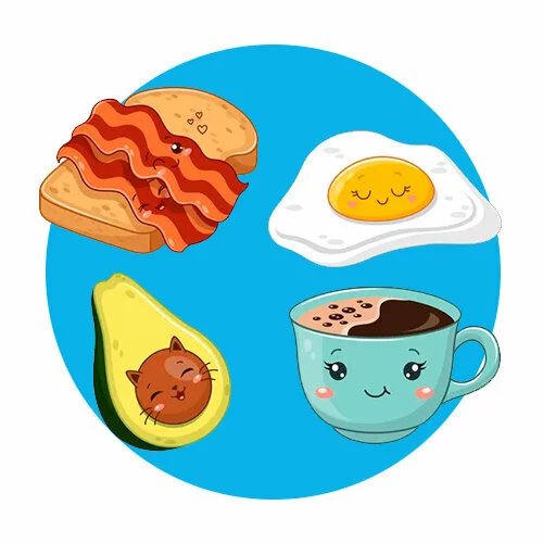 Цветной вариант раскраски завтра авокадо, яичница, кофе и бутерброд