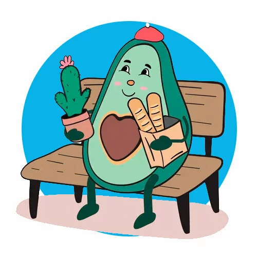 Цветной вариант раскраски авокадо на лавке